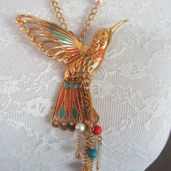 Gold tone enamel, bead & rhinestone hummingbird pendant signed MW - 7" length! - Picture 7 of 12